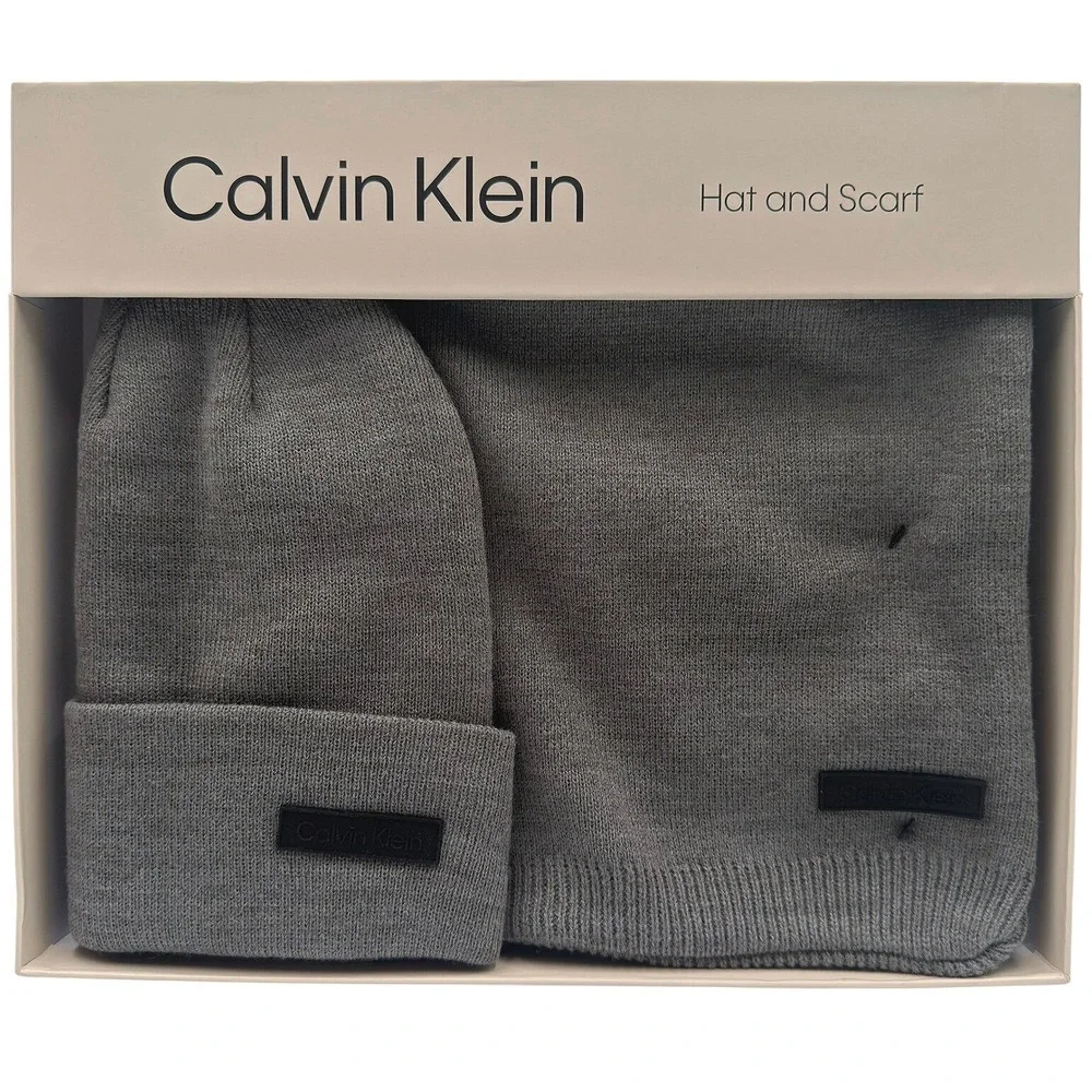 Calvin Klein Mens Grey Knit Beanie Hat and Scarf Gift Set CKMC548806C-032